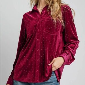 Umgee Velvet Button Down Rhinestone Wine Top
